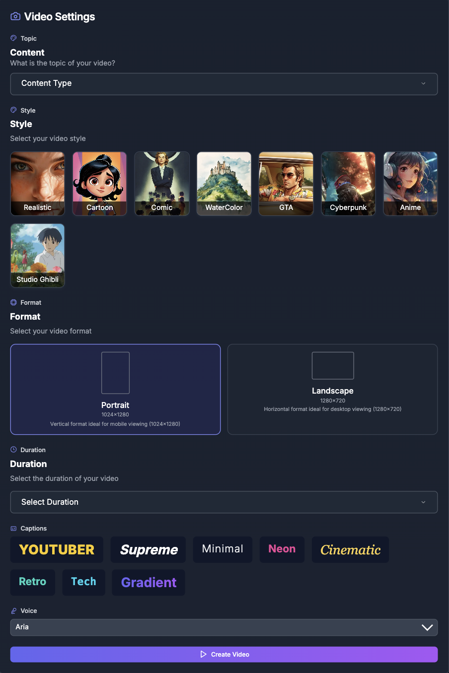 AI video generator interface